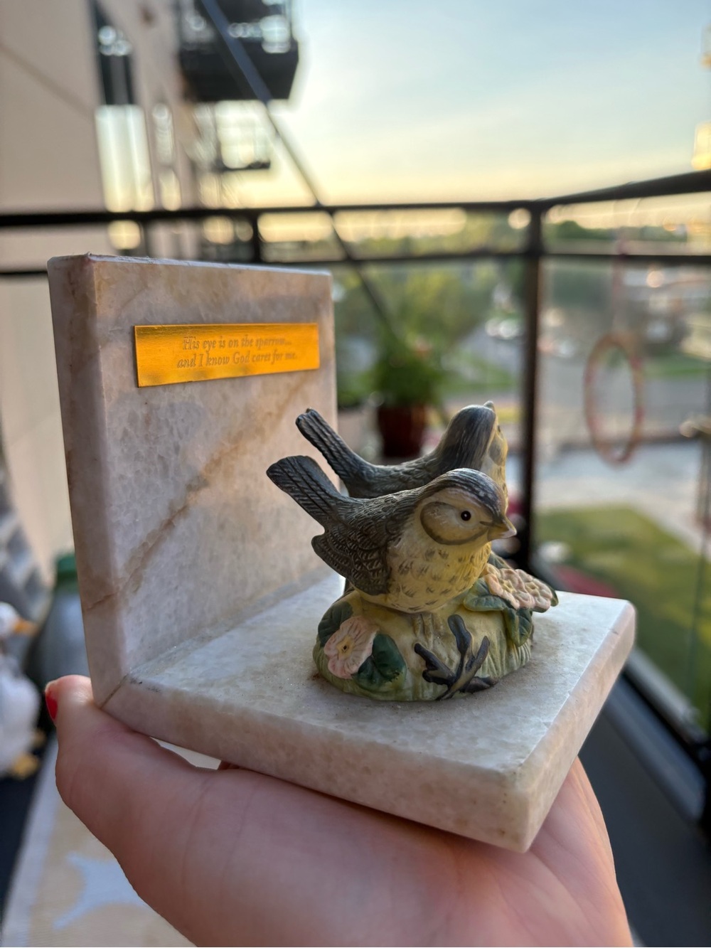 Marble Bookends (2) with Decorative Ceramic Sparrows - Yellow & Green